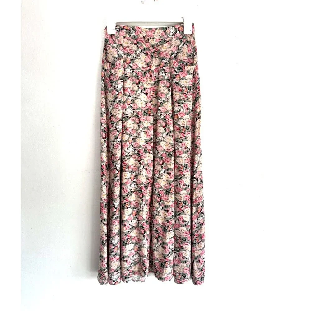 Ferruccio maxi skirt VTG button up ruched pink cottage floral casual women S